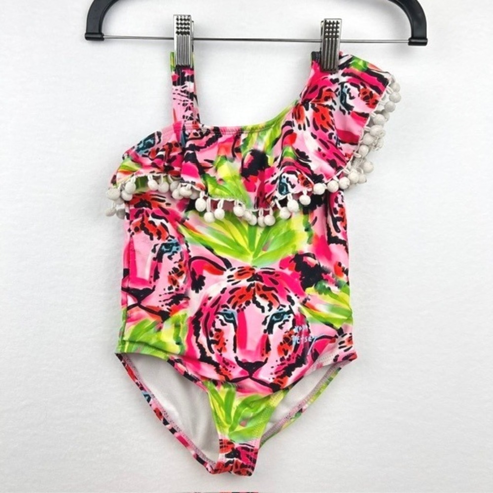 Betsey Johnson Kids Girls Neon Tiger One Piece Swimsuit Pom Pom Ruffle 3T